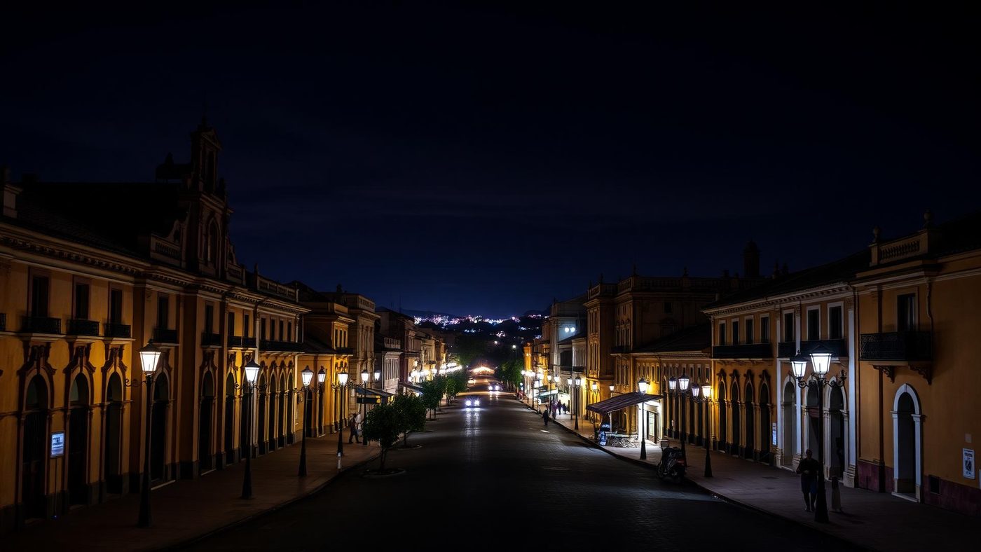 Calle colonial iluminada por faroles durante la noche