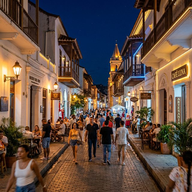 Calle del centro histórico de Santa Marta al anochecer, llena de gente