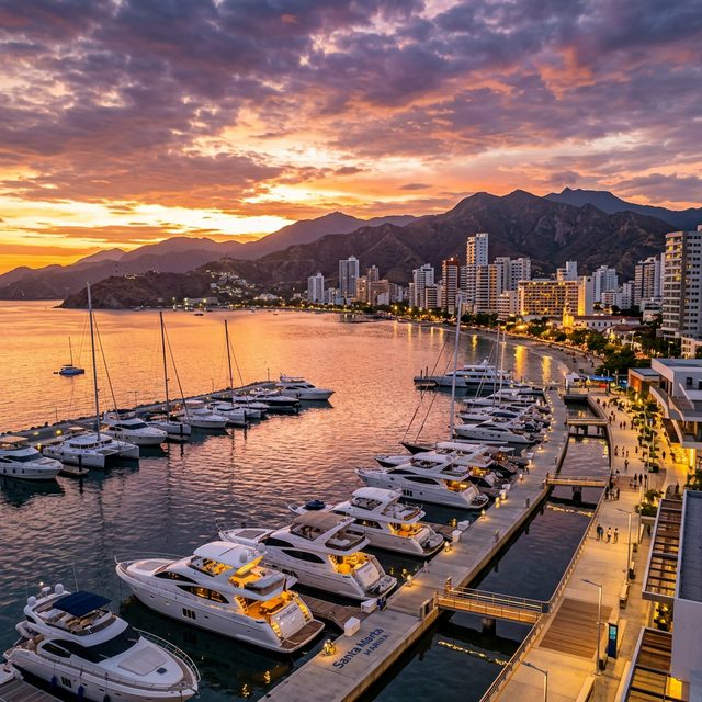 Vista aérea de la marina de Santa Marta al atardecer, con la Sierra Nevada de fondo