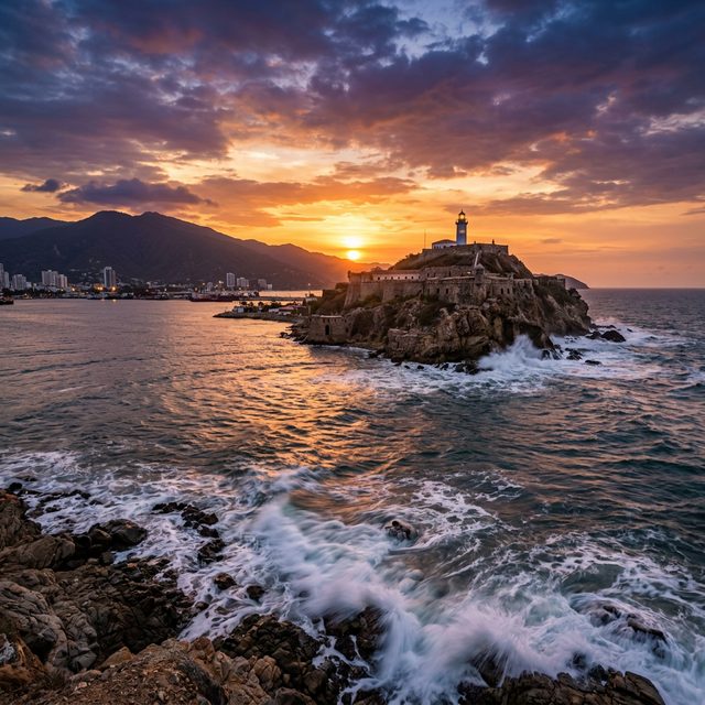 El Morro y su faro frente a la bahía de Santa Marta al atardecer, con la Sierra Nevada al fondo