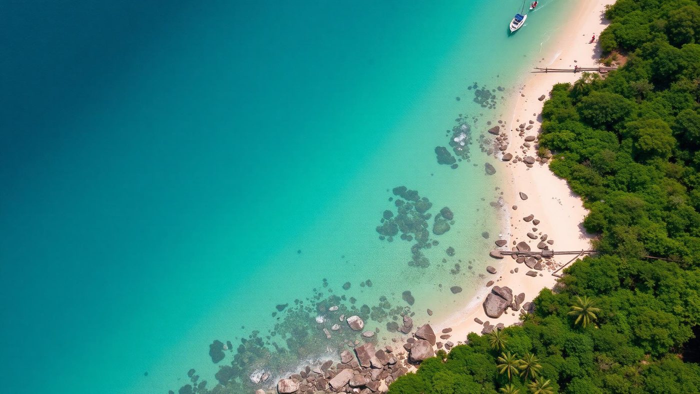 Vista cenital de una playa de arena blanca y aguas turquesa del mar Caribe